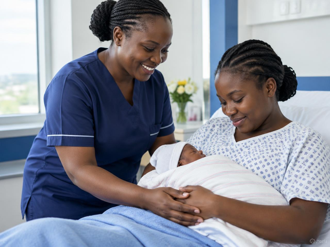 Midwife supporting a mother and newborn